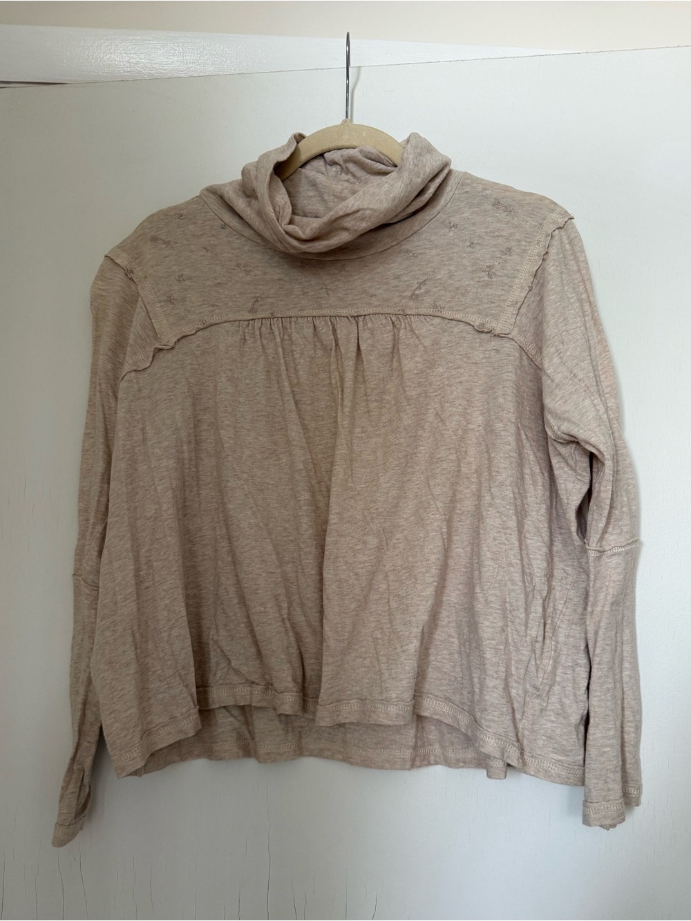 Altar'd State Beige Turtle Neck Lightweight Long Sleeve Embroidered Top